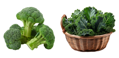 Fresh Vegetables: Broccoli and Kale Display: A vivid composition of fresh broccoli florets alongside a woven basket overflowing with lush, vibrant kale, perfect for culinary and health themes.