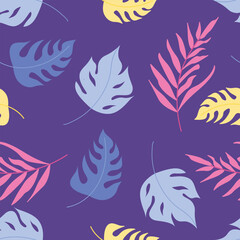 Colorful tropical leaves seamless pattern. Trendy colorful palm tree leaf, jungle background and purple exotic plants leaves vector wallpaper illustration. Jungle monstera palm, botanic 