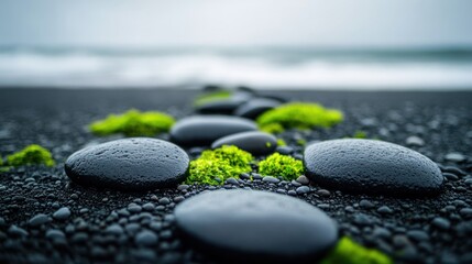 Black sand beach stones, moss, ocean waves background, serenity