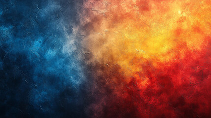 Fototapeta premium Abstract noise texture background with a vibrant gradient of red, orange, yellow, and blue. A grainy, dark shape on a black banner, ideal for modern poster cover and header designs.