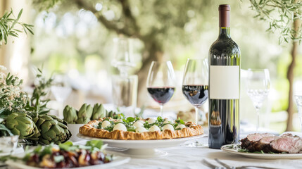 Elegant easter table setting with traditional pasqualina pie and wine for spring celebration