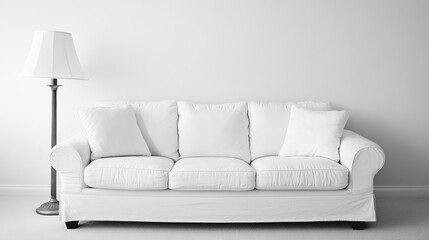 Obraz premium The interior has a White sofa and lamp on empty white wall background,3D rendering