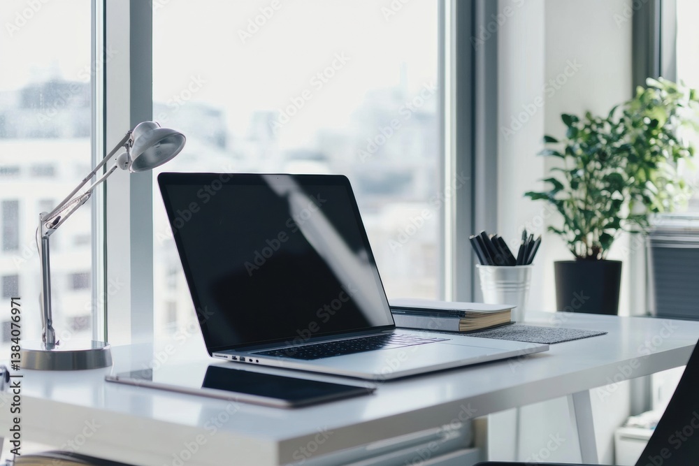 Poster modern workspace featuring a sleek laptop and minimalistic decor with natural light in a professiona