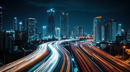 Obraz premium Night cityscape with illuminated highway and skyscrapers.