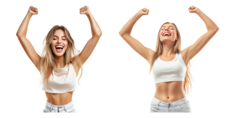 Happy Young Woman Celebrating Success with Raised Arms and Smile, PNG bundle collection, Isolated on Transparent Background