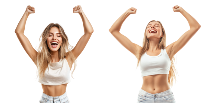 Happy Young Woman Celebrating Success with Raised Arms and Smile, PNG bundle collection, Isolated on Transparent Background