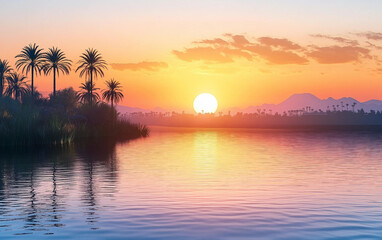 Vibrant Sunrise Over the Nile River Isolated On White Background.