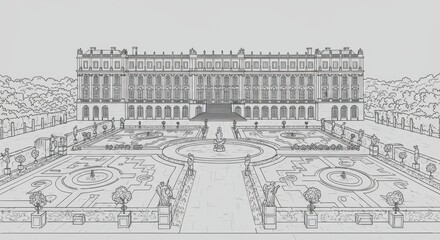 Line Drawing of Palace of Versailles Facade and Gardens