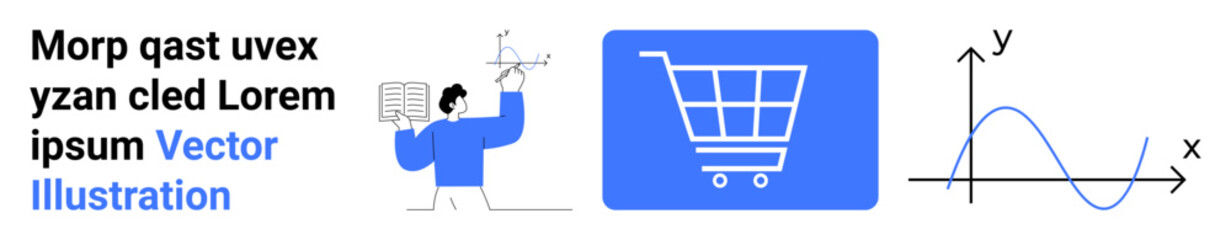 Scientist analyzing data, cart icon symbolizing shopping or e-commerce, and line graph illustrating data trends. Ideal for business, marketing, analytics, science, finance, retail simple landing © robu_s