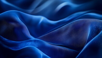 Obraz premium Deep blue flowing fabric. A close-up view of luxurious, draping fabric, featuring soft, wavy folds in a rich, deep blue hue. The texture suggests a smooth, almost ethereal quality