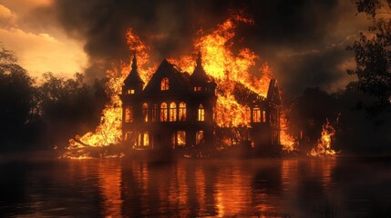 A large house engulfed in flames, surrounded by water, at night.
