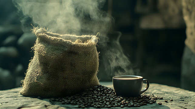 granos de cafe sobre una mesa de madera junto a un costal o arpillera con granos de cafe junto a una taza de cafe caliente con un delicioso aroma recien hecho