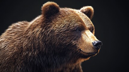 Obraz premium Close-up portrait of a majestic brown bear against a dark background, showcasing its fur texture and intense gaze.