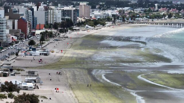 Aerial static view of Puerto Madryn beach. Located in Chubut, Argentina. 1st December 2024