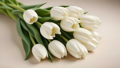 Close-up studio shot of a bouquet of white tulips with green stems and leaves against a soft