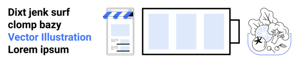 Digital storefront with blue awning, shopping cart, and checkout sheet illustrating e-commerce process. Ideal for online shopping, e-commerce, marketing, consumer journey, payment processing, retail