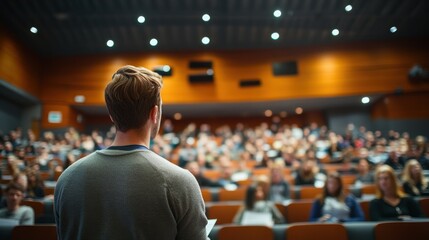Man giving presentation to large audience in lecture hall.