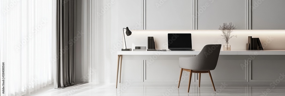 Aufkleber Modern workspace featuring a sleek laptop and clean white desk bathed in natural light within a minimalistic environment