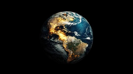 Fototapeta premium Earth at night, showing city lights and cloud cover.