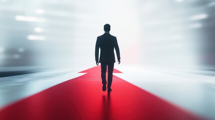 Businessman walking on red arrow path towards bright future.