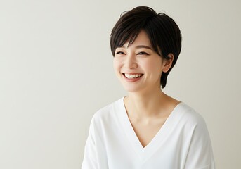 A radiant woman with a joyful smile, radiating happiness and confidence in a simple white shirt against a soft, neutral background.