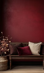 Warm, inviting living room featuring a deep burgundy wall, wooden bench with textured throw pillows, and a decorative dried plant arrangement