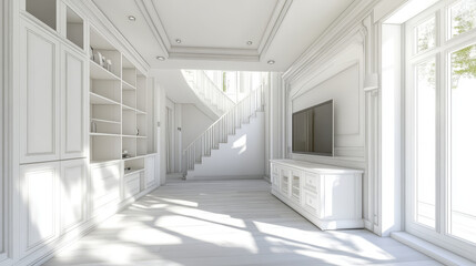 Cabinets and wall for tv in living room, white walls ,3D rendering