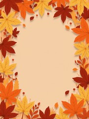 Autumn leaves frame with warm earthy tones on textured wood background, seasonal beauty