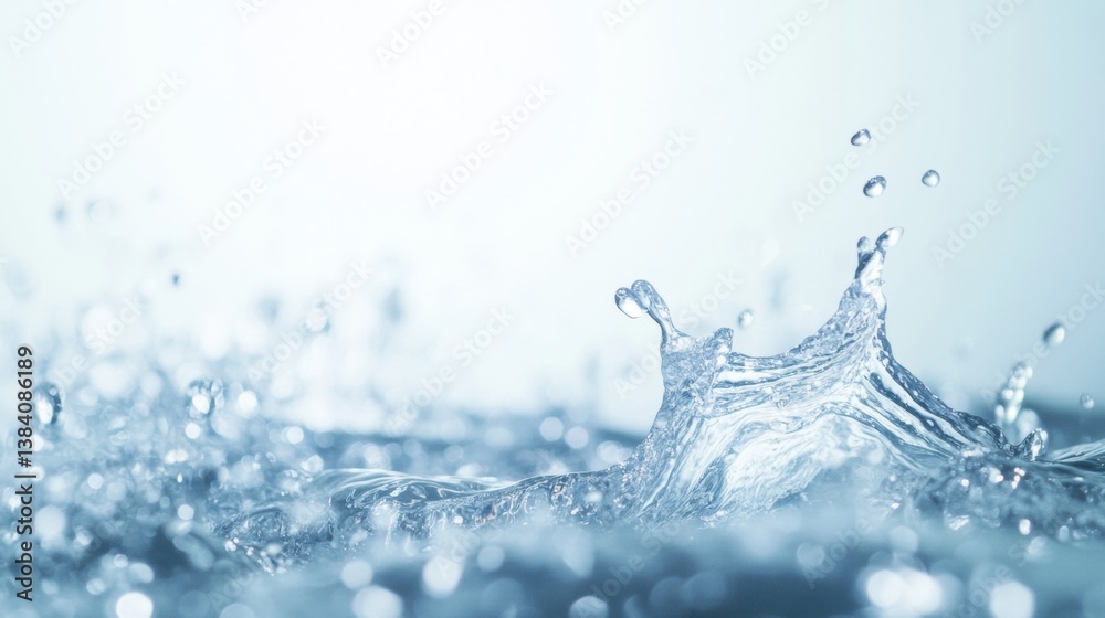 Poster Modern abstract background showcasing gentle water splashes on a clean white surface with soft lighting in a minimalistic setting