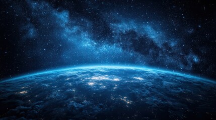 Obraz premium Earth's night view from space, Milky Way backdrop, cosmic scene, ideal for travel/science