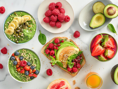 Healthy vegan food flat lay, top view of colorful plant-based meal with avocado toast, smoothie bowl, fruits, and vegetables, bright daylight, clean and minimal background