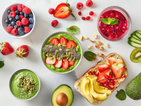 Healthy vegan food flat lay, top view of colorful plant-based meal with avocado toast, smoothie bowl, fruits, and vegetables, bright daylight, clean and minimal background