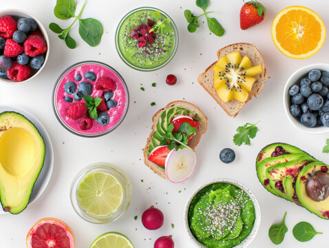 Healthy vegan food flat lay, top view of colorful plant-based meal with avocado toast, smoothie bowl, fruits, and vegetables, bright daylight, clean and minimal background