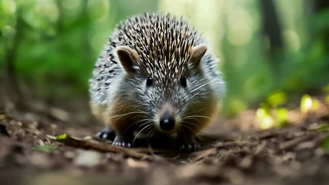 A cute hedgehog in the grass, with prickly spines and a small, snout, in a natural, wild garden setting