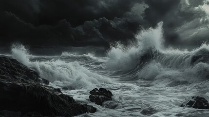 Obraz premium Dramatic ocean waves crashing on rocks during a stormy night; nature background