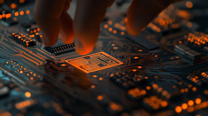 Naklejka premium Generative AI artificial intelligence generate text document and abstract papers. Man touching AI icon on electronic circuit board.