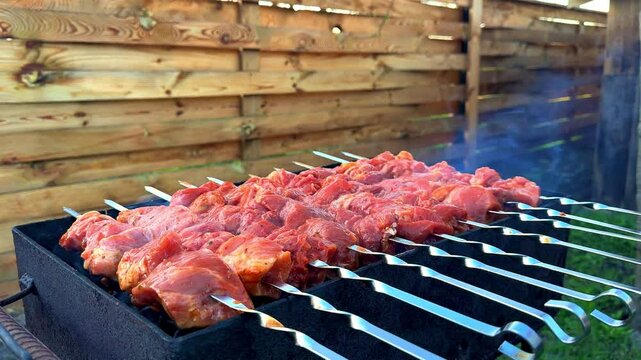 man cooking meat and check fever on barbecue grill at summer party