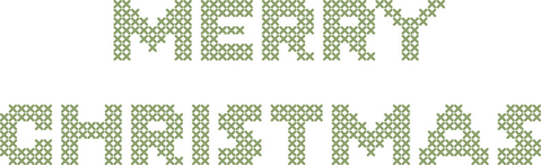 Digital 'MERRY CHRISTMAS' in a pixelated, cross-stitch style, muted green on white. Retro, craft-inspired holiday design, 2026
