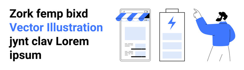 Online storefront page, battery charging icon, character pointing. Ideal for business, technology, e-commerce, energy, sustainability, app interfaces simple landing page