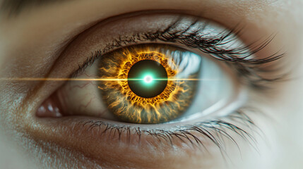 Close-up of a female eye with a laser beam aimed at it for vision correction, highlighting pupil and iris, symbolizing advanced medical technology, precision, and futuristic eye care treatment.

