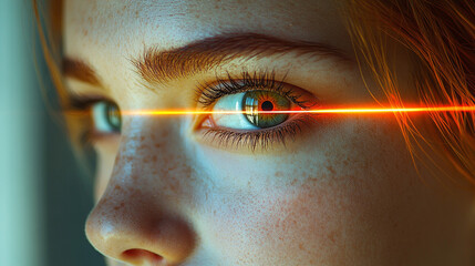Close-up of a female eye with a laser beam aimed at it for vision correction, highlighting pupil and iris, symbolizing advanced medical technology, precision, and futuristic eye care treatment.


