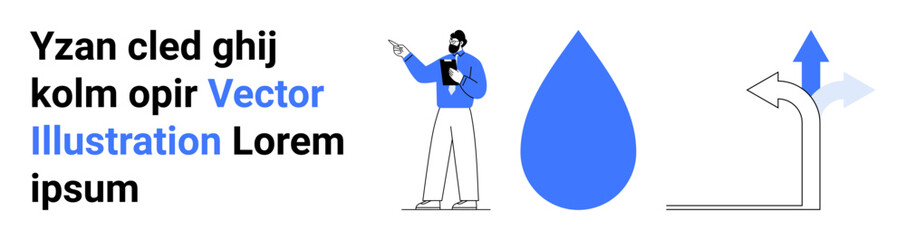 Man pointing at text, blue water drop, arrow indicating direction. Ideal for presentations, education, navigation, guidance, branding, sustainability topics simple landing page