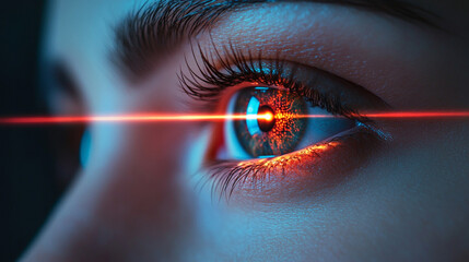 Close-up of a female eye with a laser beam aimed at it for vision correction, highlighting pupil and iris, symbolizing advanced medical technology, precision, and futuristic eye care treatment.

