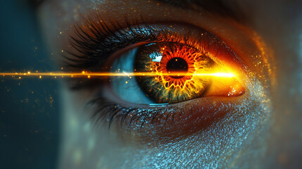 Close-up of a female eye with a laser beam aimed at it for vision correction, highlighting pupil and iris, symbolizing advanced medical technology, precision, and futuristic eye care treatment.

