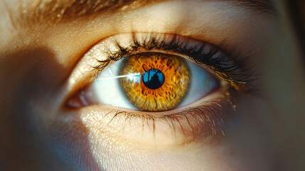 Close-up of a female eye with a laser beam aimed at it for vision correction, highlighting pupil and iris, symbolizing advanced medical technology, precision, and futuristic eye care treatment.

