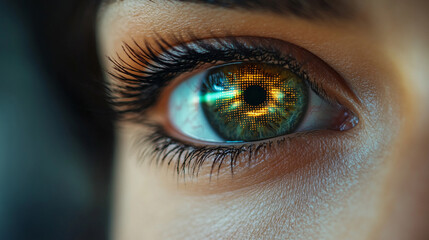 Close-up of a female eye with a laser beam aimed at it for vision correction, highlighting pupil and iris, symbolizing advanced medical technology, precision, and futuristic eye care treatment.

