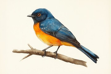 Fototapeta premium Colorful Bird Illustration Perched on Branch Detailed Watercolor Painting