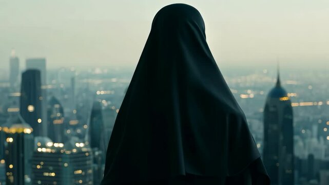 Muslim woman in hijab. A woman wearing a black head scarf stands in front of a city skyline. The city is bustling with activity, and the woman is enjoying the view