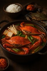 Authentic Korean Crab Stew Kkotgetang (꽃게탕) Featuring Fresh Crab, Mushrooms, and Vegetables


