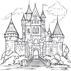 Naklejka premium Line art drawing of a majestic fairytale castle with a drawbridge.